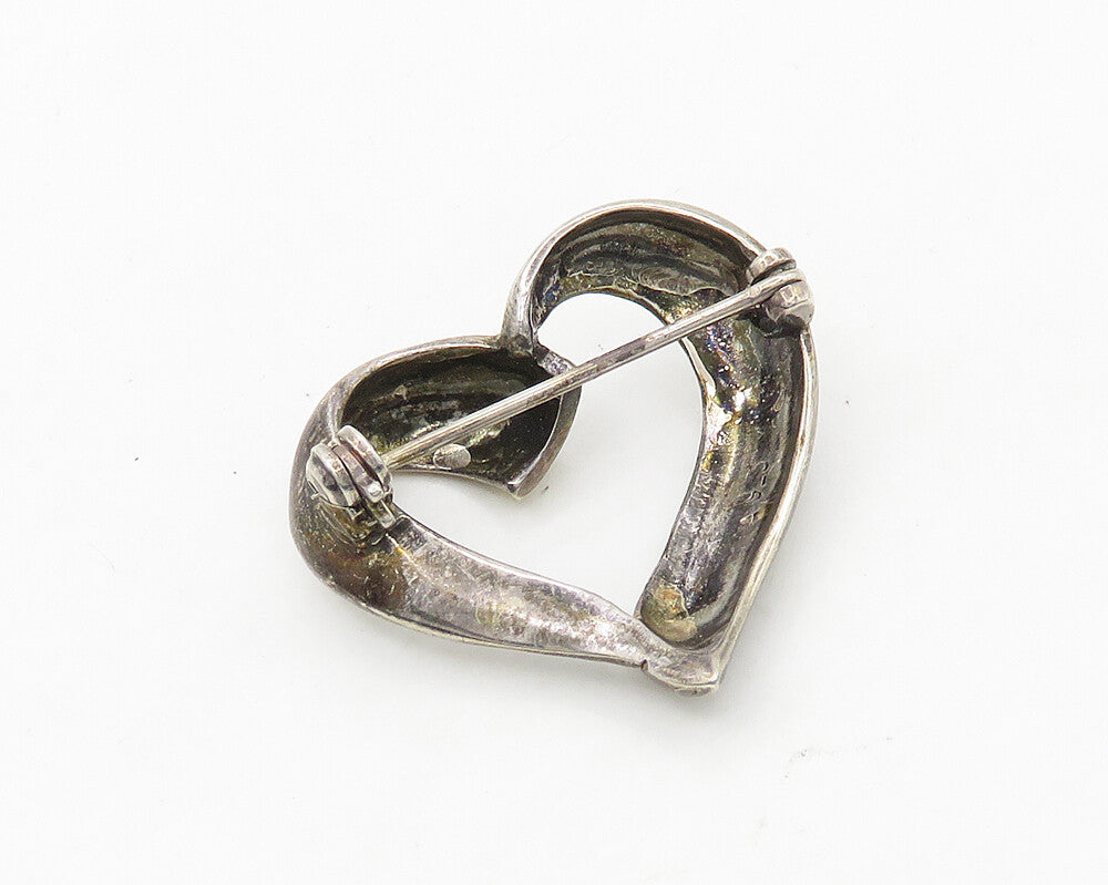 925 Sterling Silver  Vintage Open Dark Tone Love Heart Brooch Pin  BP7468