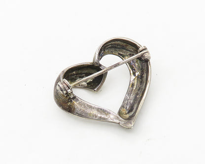 925 Sterling Silver  Vintage Open Dark Tone Love Heart Brooch Pin  BP7468