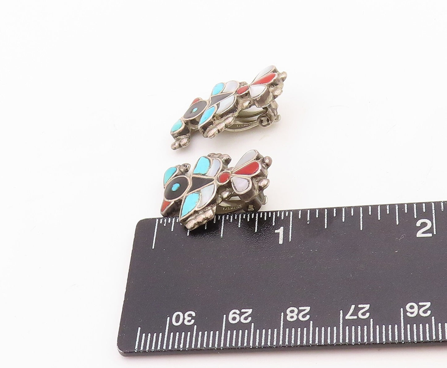 925 Sterling Silver Vintage Earrings ZUNI NAVAJO Gemstone Inlay Bird  EG13241