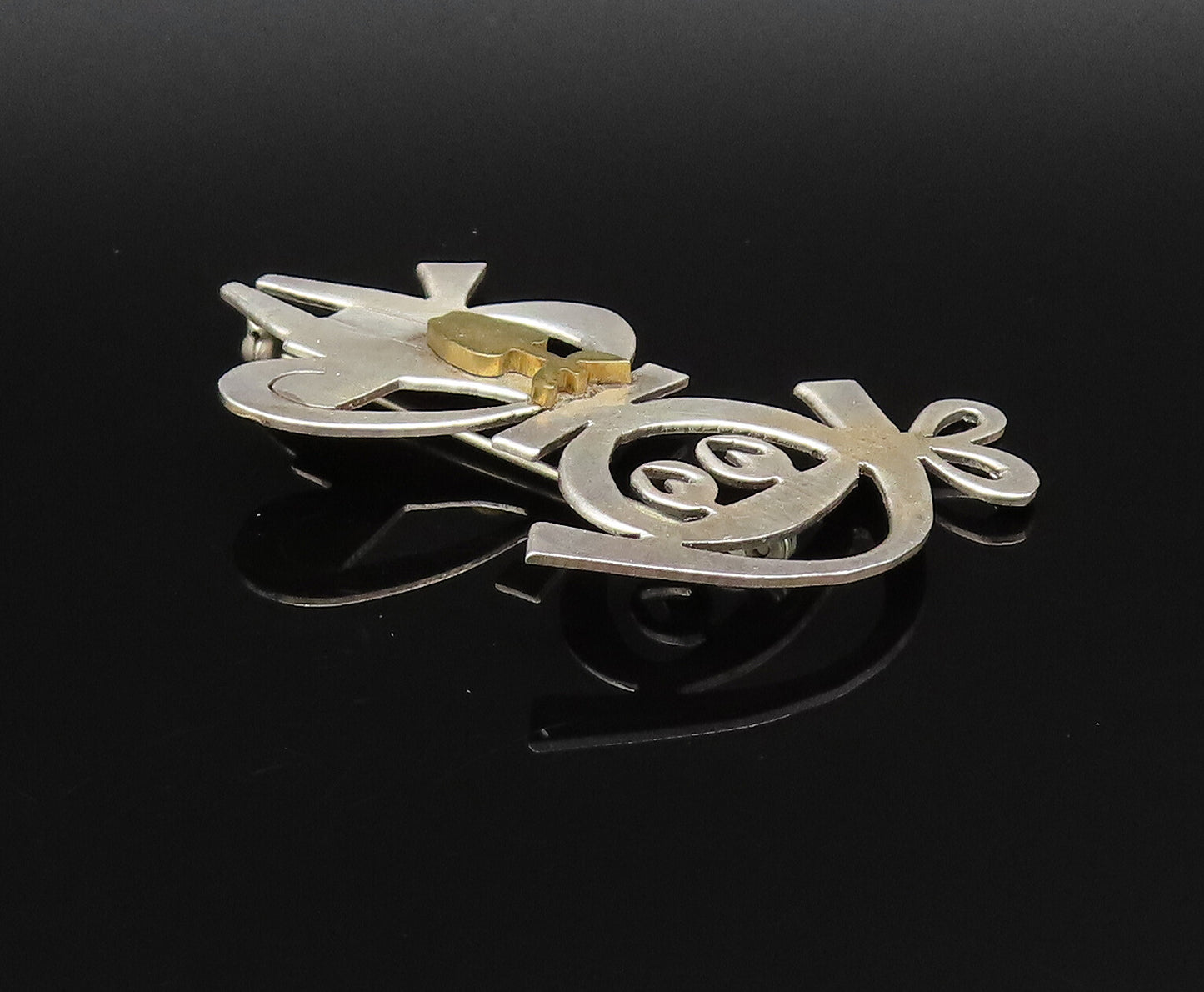 925 Silver  Vintage Two Tone Modernist Student With Apple Brooch Pin  BP9840