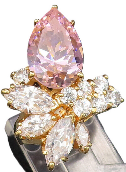 925 Silver  Vintage Gold Plated Pink & White Cubic Zirconia Ring Sz 6  RG26032