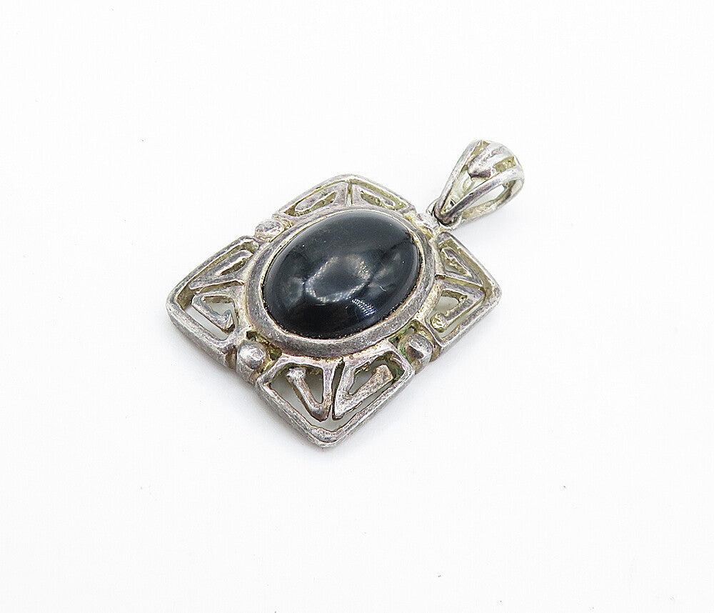 925 Sterling Silver  Vintage Cabochon Cut Black Onyx Square Pendant  PT5527