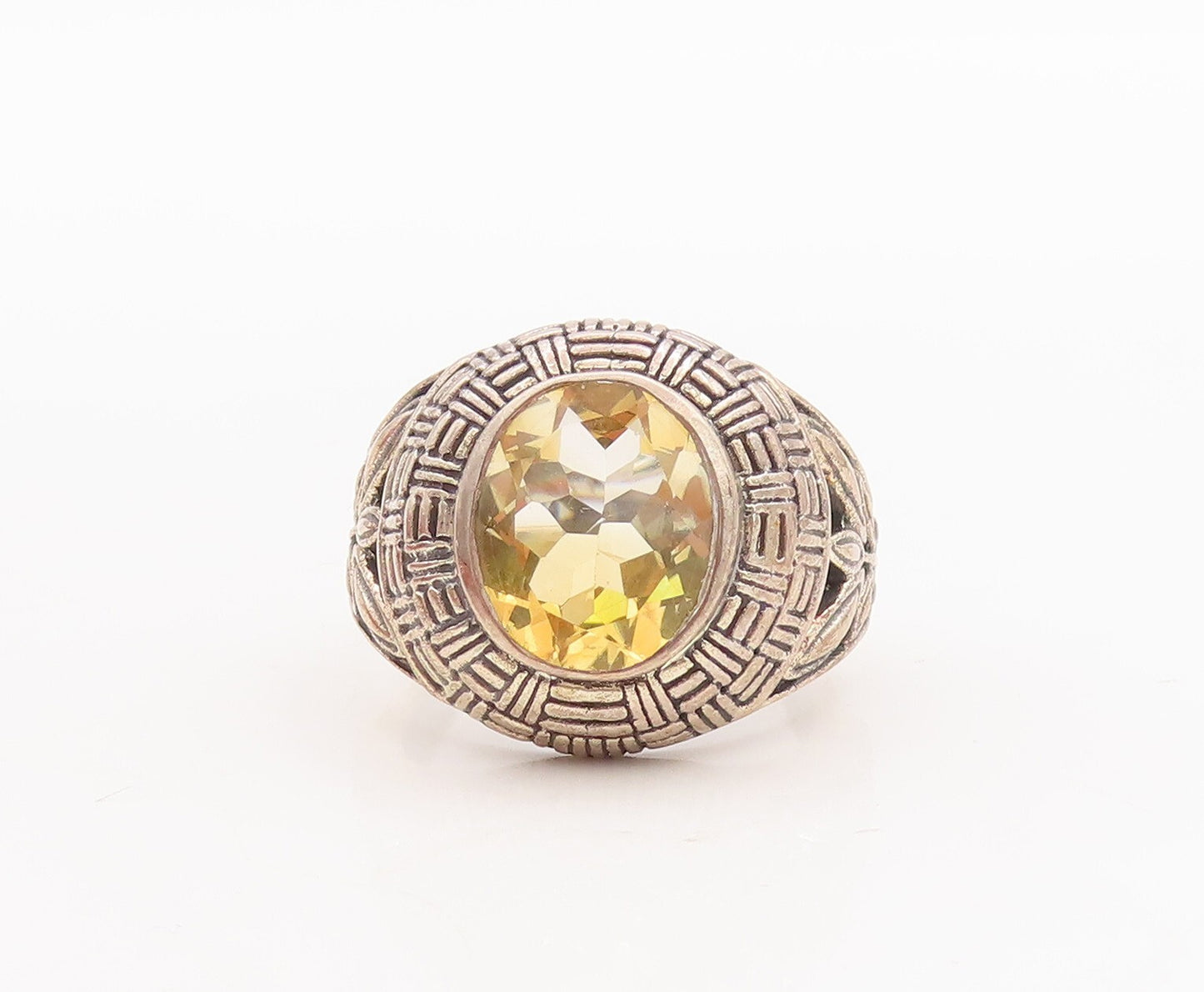 925 Sterling Silver Vintage Ring Woven Design Etched Citrine  Sz 8.5  RG29190