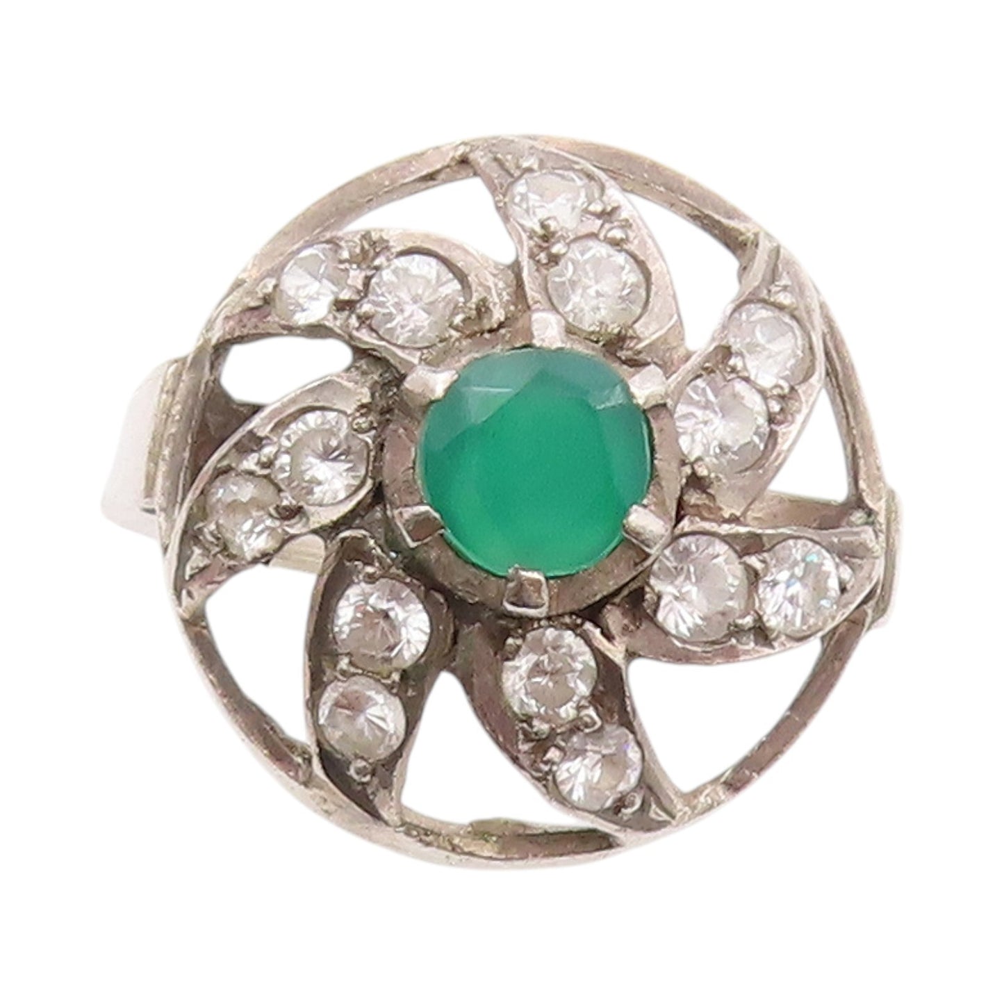 925 Sterling Silver Vintage Ring Cutout Jade & Topaz Flower  SZ 9  RG32087