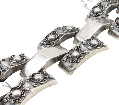 MEXICO 925 Silver  Vintage Oxidized Floral Pattern Chain Bracelet  BT6617