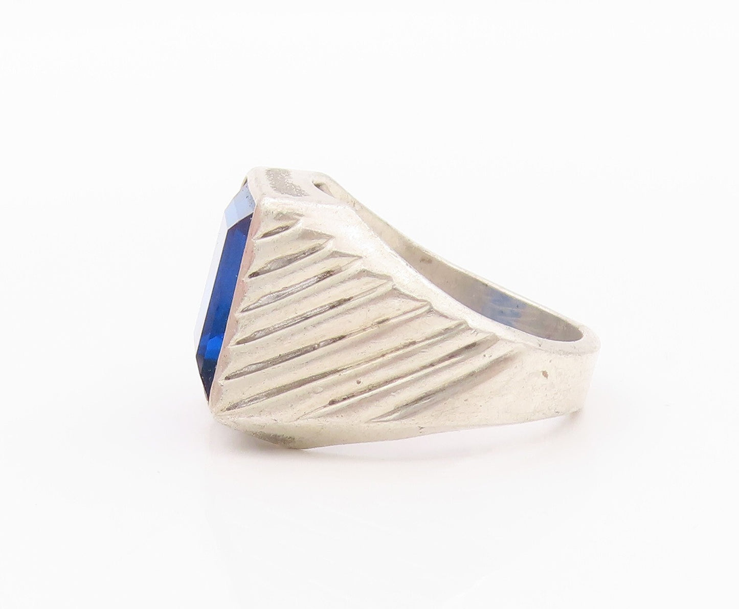 925 Sterling Silver Vintage Ring Rectangle Cut Blue CZ Grooved  SZ 8  RG32178