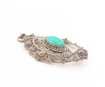925 Sterling Silver Vintage Pendant Turquoise Antique Oval Filigree  PT25840