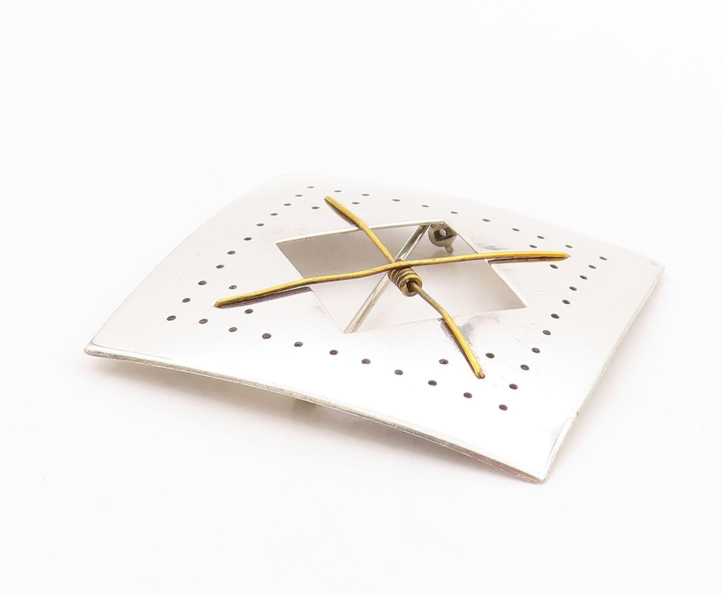 925 Sterling Silver Vintage Brooch Gold Plated Geometric Crossed Paths BP11788
