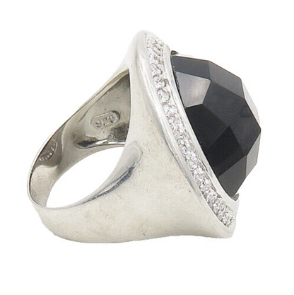 925 Sterling Silver  Hematite Dome & Cubic Zirconia Cocktail Ring Sz 8 RG17634