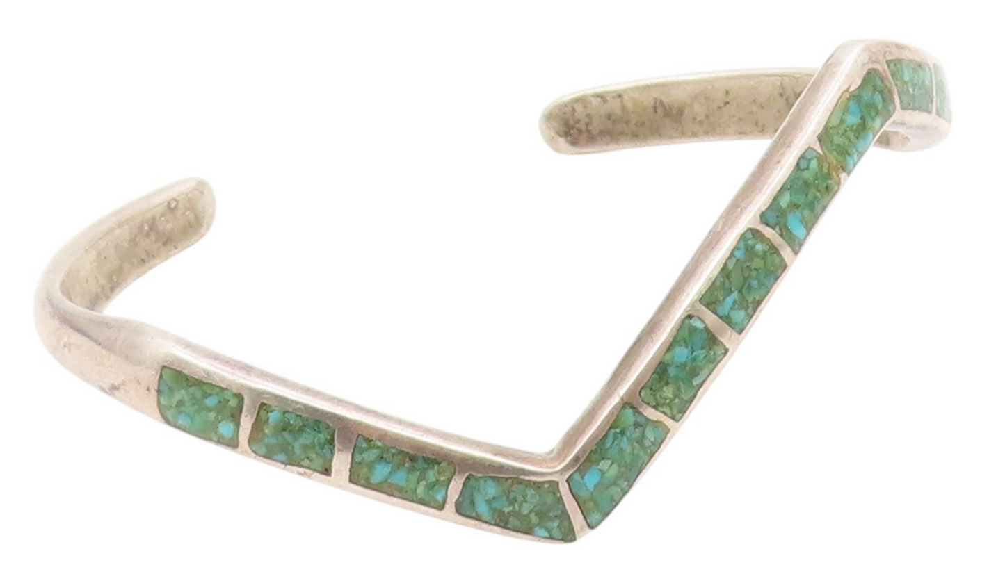ZUNI NAVAJO 925 Silver  Vintage Inlaid Turquoise Pointed Cuff Bracelet  BT8941