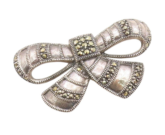 925 Sterling Silver Vintage Brooch JUDITH JACK Marcasite Ribbon Bow Pin  BP12122