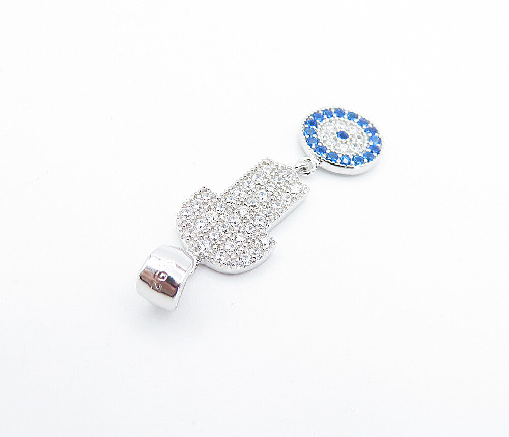 925 Sterling Silver  Petite Shiny Cubic Zirconia Hamsa Evil Eye Pendant PT5921