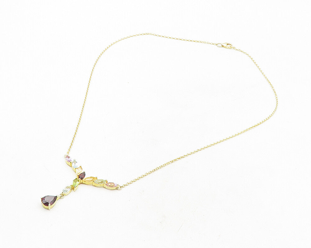 925 Sterling Silver Garnet & Multi Stone Gold Plated Chain Necklace NE1957