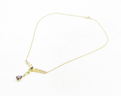 925 Sterling Silver Garnet & Multi Stone Gold Plated Chain Necklace NE1957