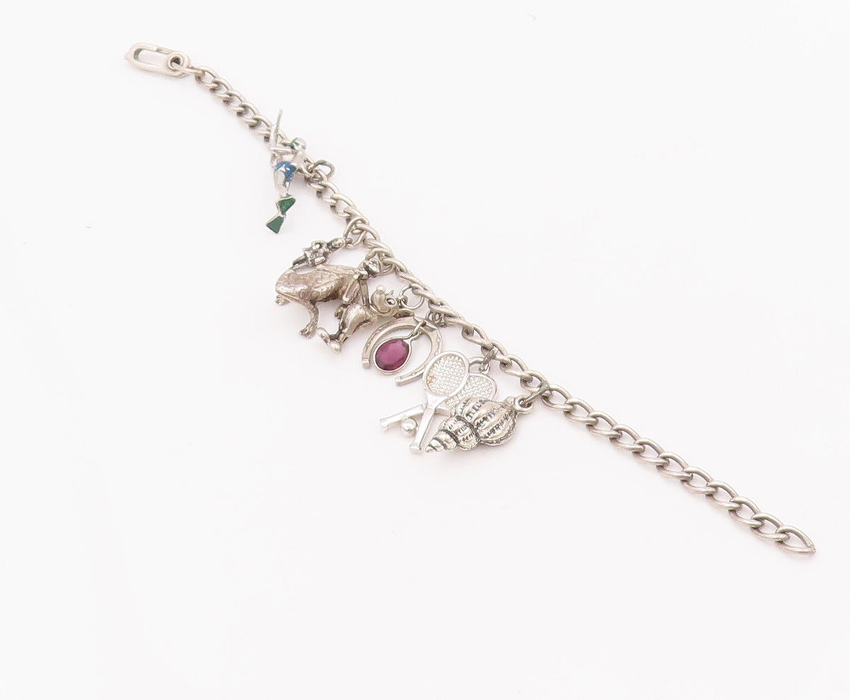 925 Sterling Silver Vintage Bracelet Carved Dangling Charms Amethyst  BT10423