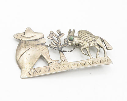 MEXICO 925 Silver  Vintage Antique Turquoise Man & Donkey Brooch Pin  BP4435