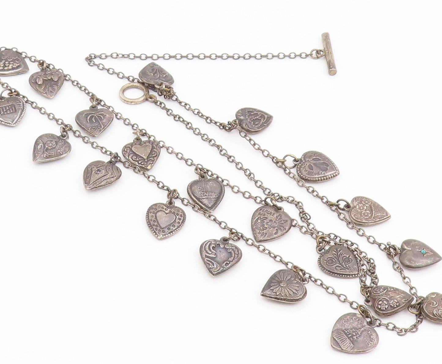 925 Sterling Silver Vintage Necklace Etched Love Heart Charm Motif Chain  NE4832