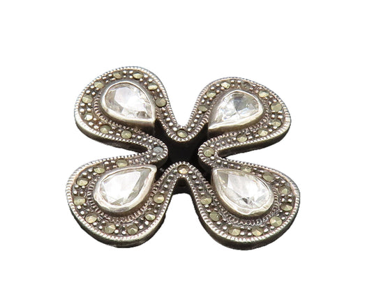 925 Sterling Silver Vintage Cubic Zirconia & Marcasite Flower Pendant PT20718