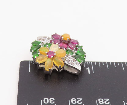 925 Sterling Silver Vintage Pendant Elegant Multi Gemstone Floral Charm  PT25856