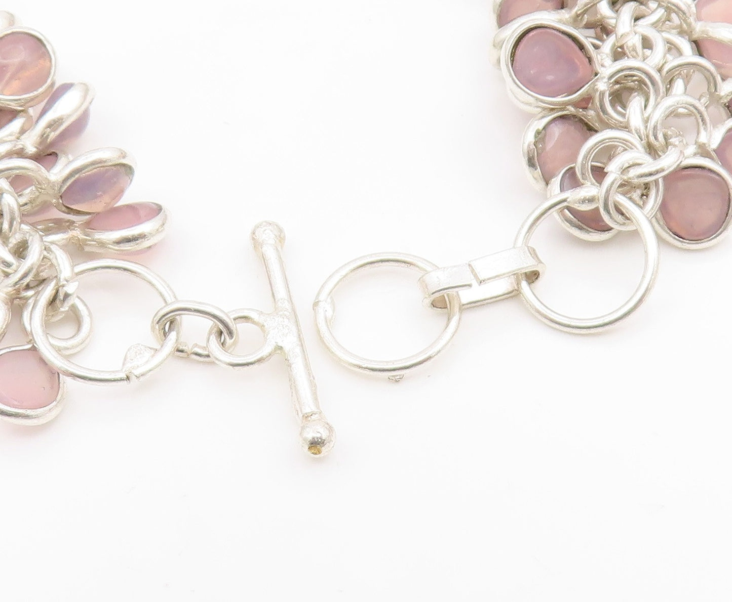 925 Sterling Silver Vintage Bracelet Modernist Rose Quartz Cluster Link  BT11936