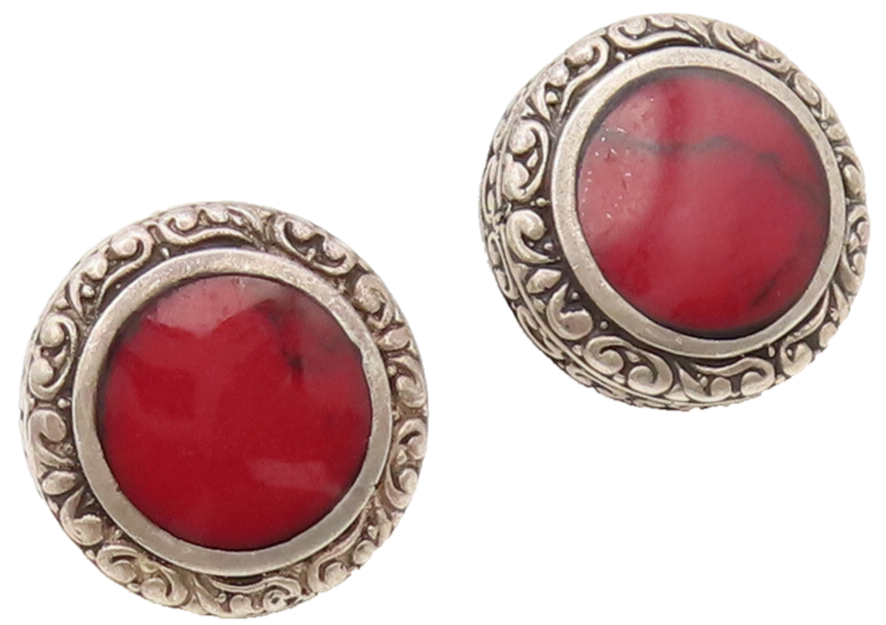 MEXICO 925 Silver  Vintage Red Enameled Swirly Carved Round Earrings  EG12731