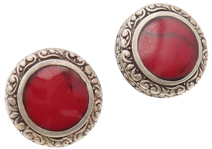 MEXICO 925 Silver  Vintage Red Enameled Swirly Carved Round Earrings  EG12731