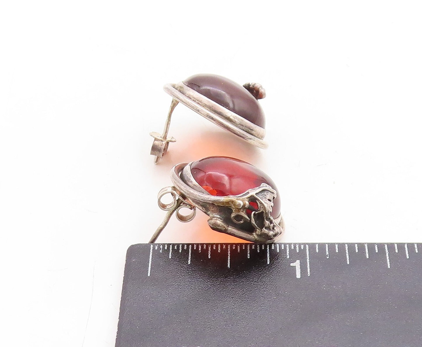 925 Sterling Silver Vintage Earrings Designer Floral Cabochon Amber  EG13288
