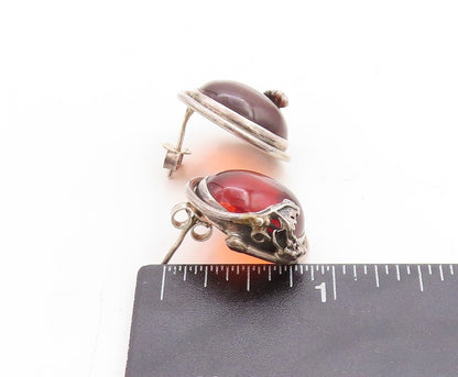 925 Sterling Silver Vintage Earrings Designer Floral Cabochon Amber  EG13288