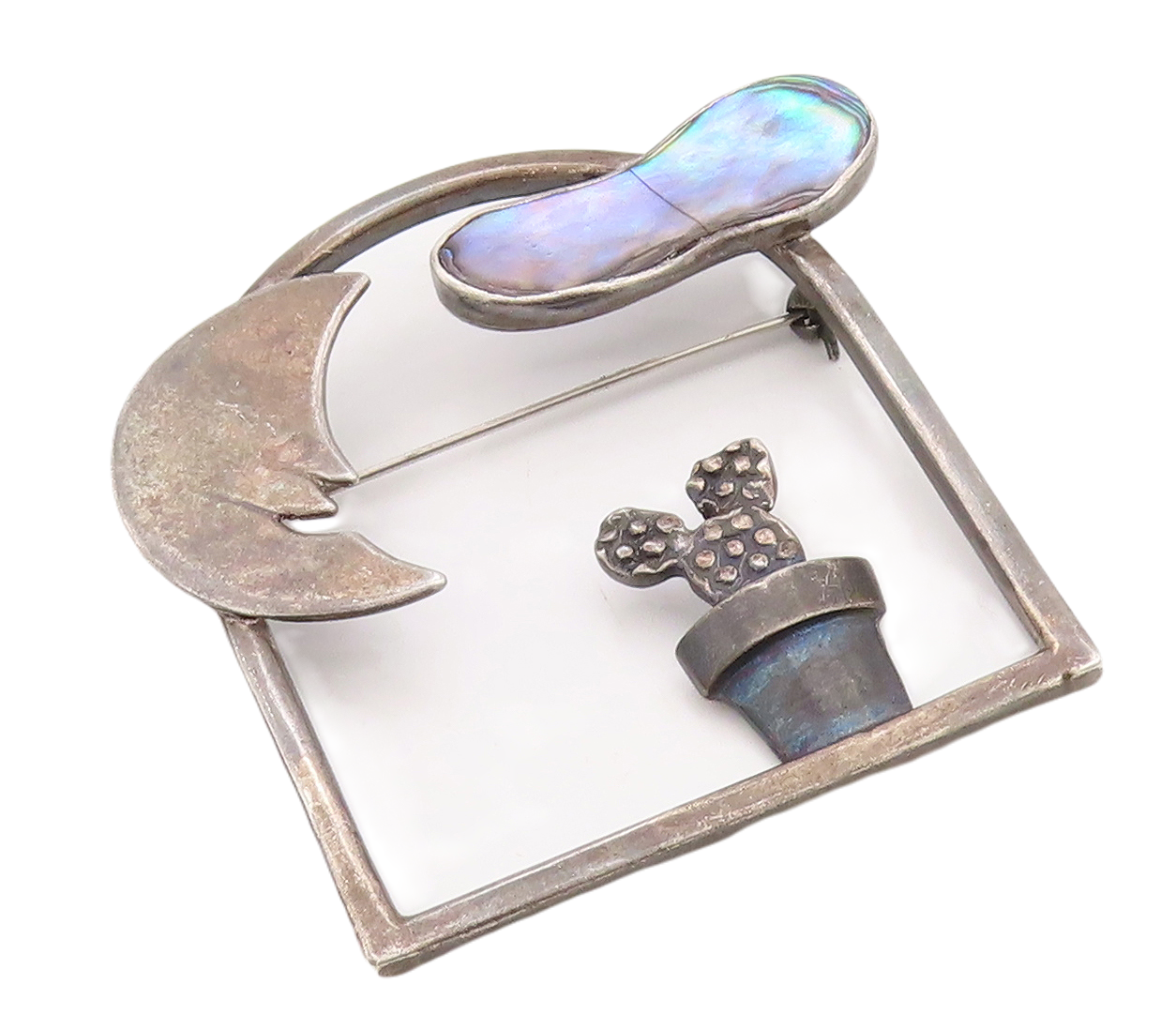 925 Sterling Silver Vintage Brooch Pin Cutout Abalone View Of Window  BP11226