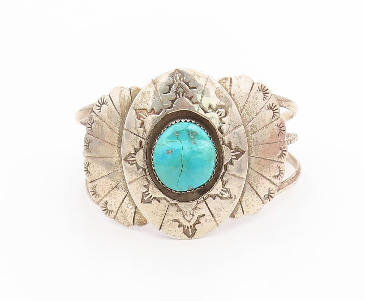 925 Sterling Silver Vintage Bracelet NAVAJO Turquoise Concho Wide Cuff  BT11790
