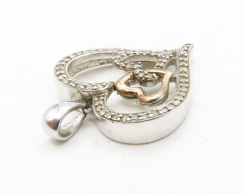 925 Sterling Silver  Vintage Genuine Diamonds Open Love Heart Pendant  PT10368