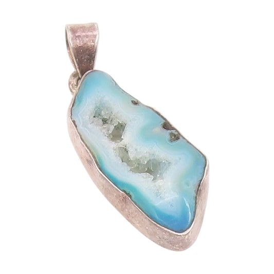 925 Sterling Silver Vintage Pendant Modernist Blue Drusy Quartz Charm  PT25788