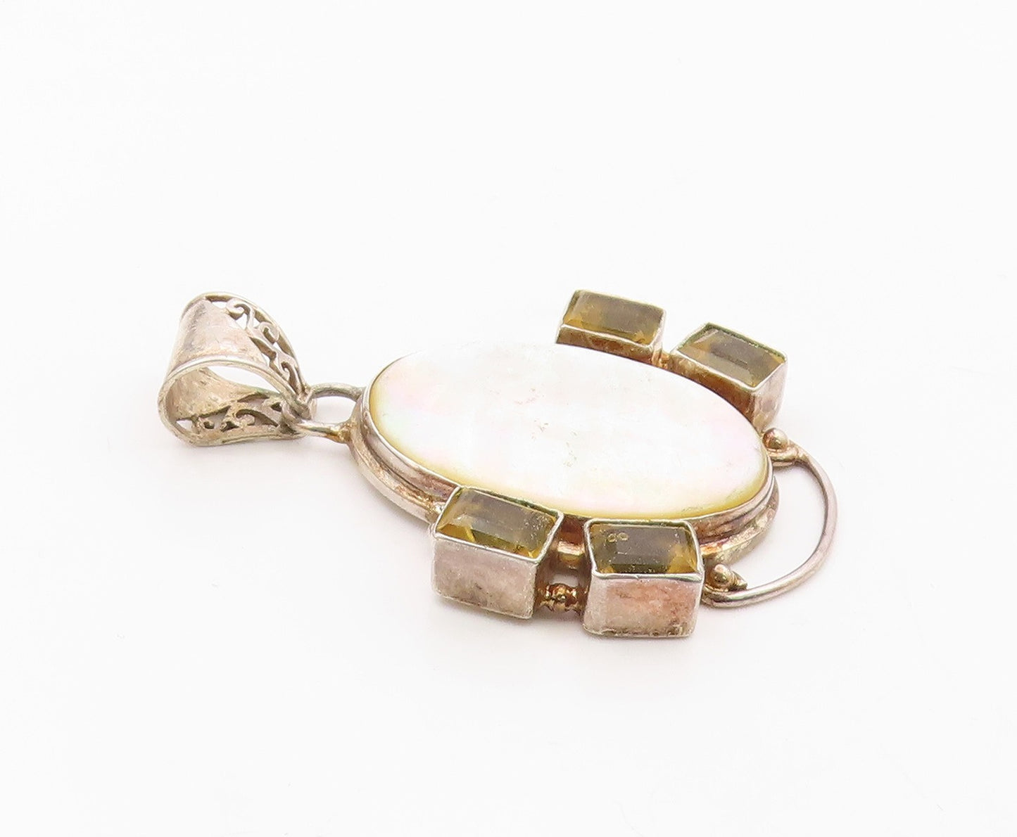 925 Sterling Silver  Vintage Mother Of Pearl & Citrine Swirl Pendant  PT7413