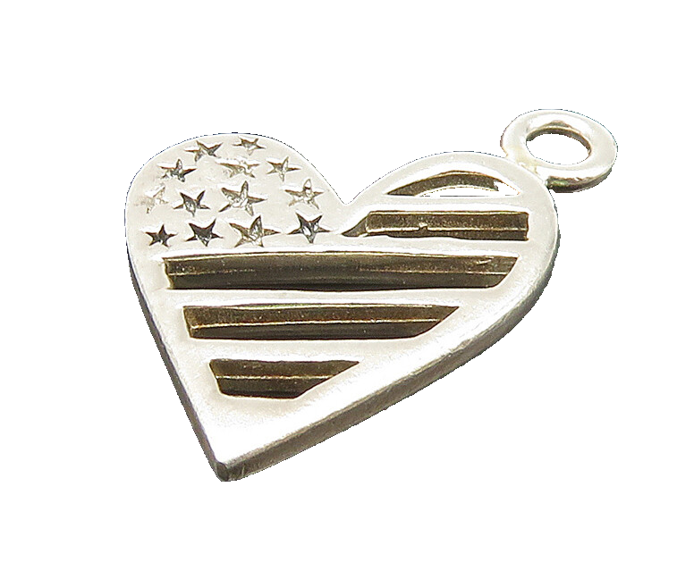 925 Sterling Silver  Vintage Shiny American Flag Love Heart Pendant  PT17892