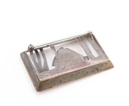 925 Sterling Silver Vintage Brooch Dark Tone House In Woods Cutout  BP11524