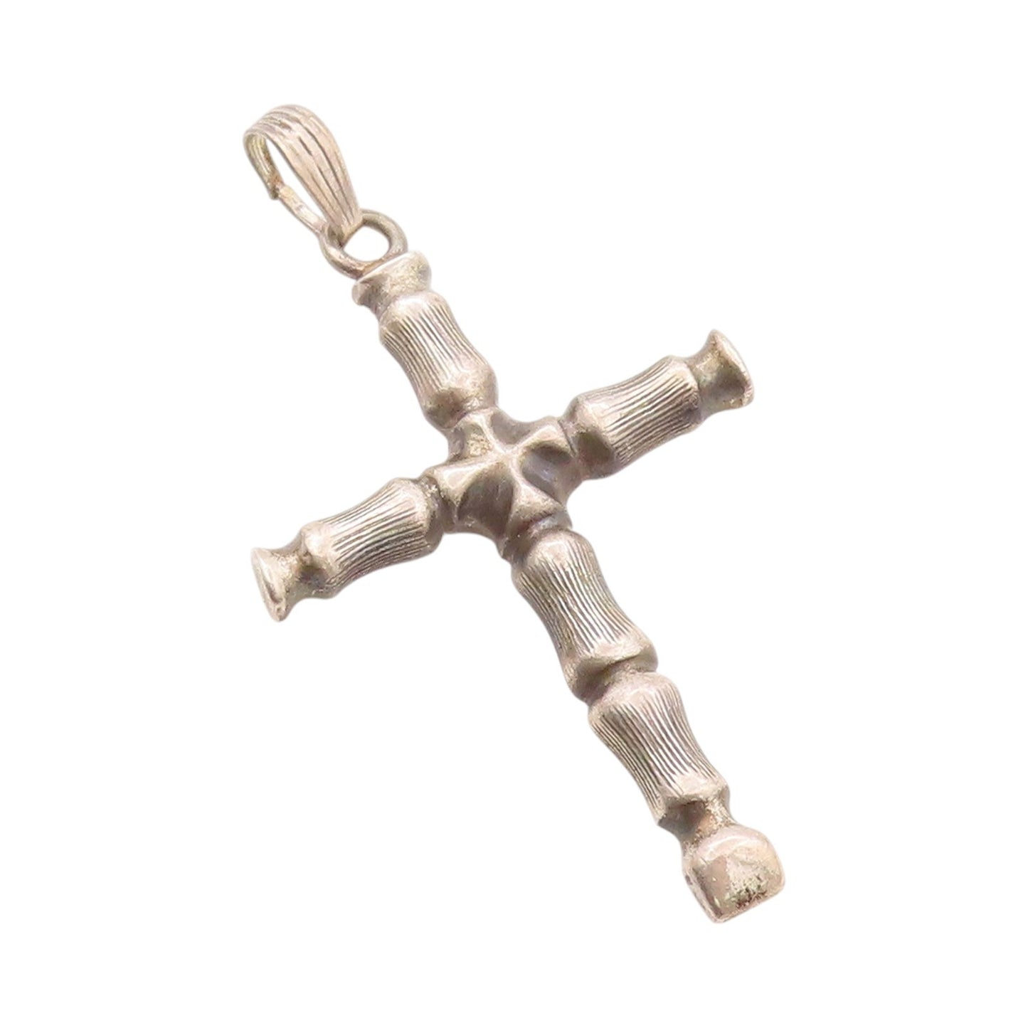 925 Sterling Silver Vintage Pendant Religious Carved Bamboo Stick Cross  PT24183