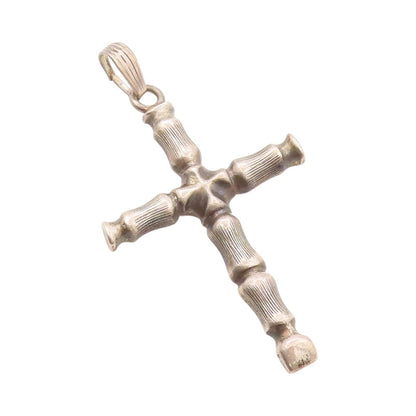 925 Sterling Silver Vintage Pendant Religious Carved Bamboo Stick Cross  PT24183