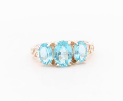 925 Sterling Silver Vintage Ring Oval Cut 3 Blue Topaz Swirls Cut  SZ 6  RG32163