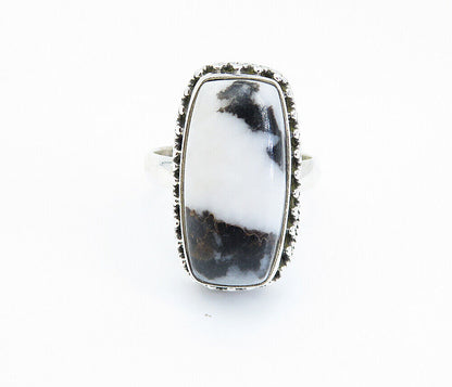 925 Sterling Silver  Cabochon Black & White Jasper Cocktail Ring Sz 8  RG8211