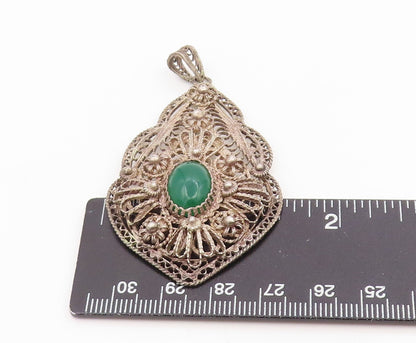925 Sterling Silver Vintage Pendant Green Onyx Intricate Filigree Locket PT26253