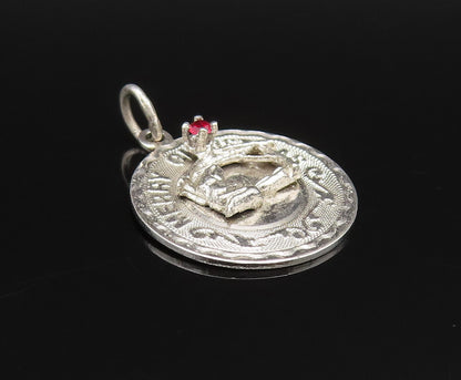 925 Silver  Vintage Engraved Merry Christmas Garnet Medal Pendant  PT21096