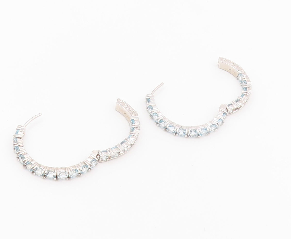 925 Sterling Silver Vintage Earrings Elegant Round Cut Blue Topaz Hoops  EG14454