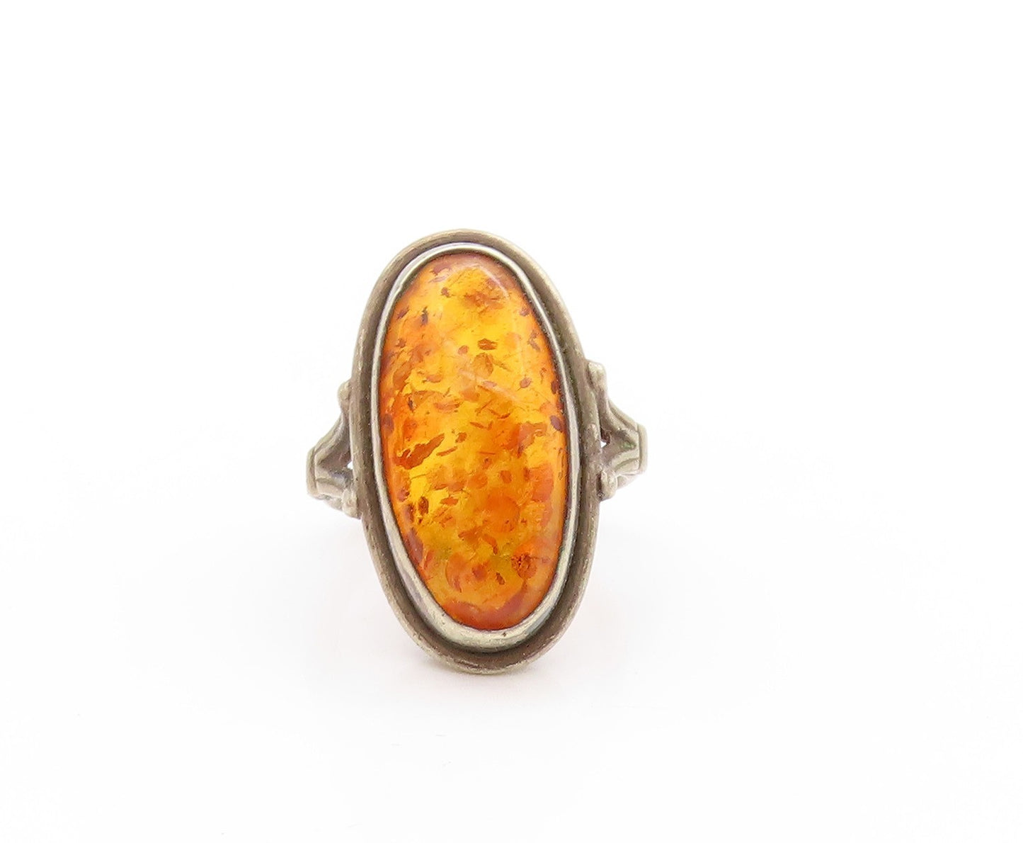 925 Sterling Silver Vintage Ring POLAND Large Oval Honey Amber  Sz 6  RG32821