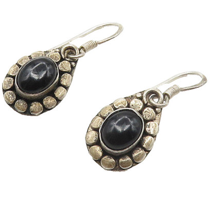 925 Sterling Silver  Vintage Cabochon Black Onyx Floral Dangle Earrings EG8879