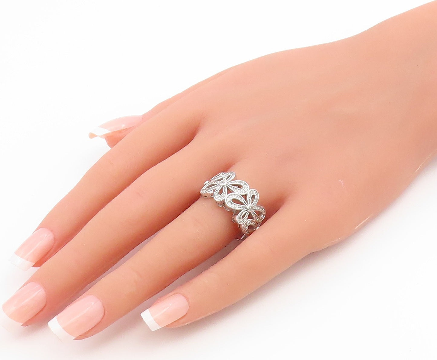 925 Sterling Silver Vintage Ring Elegant CZ Floral Openwork Band  Sz 11  RG36894