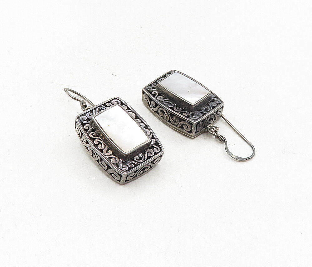 925 Sterling Silver  Vintage Mother Of Pearl Oxidized Dangle Earrings  EG4756