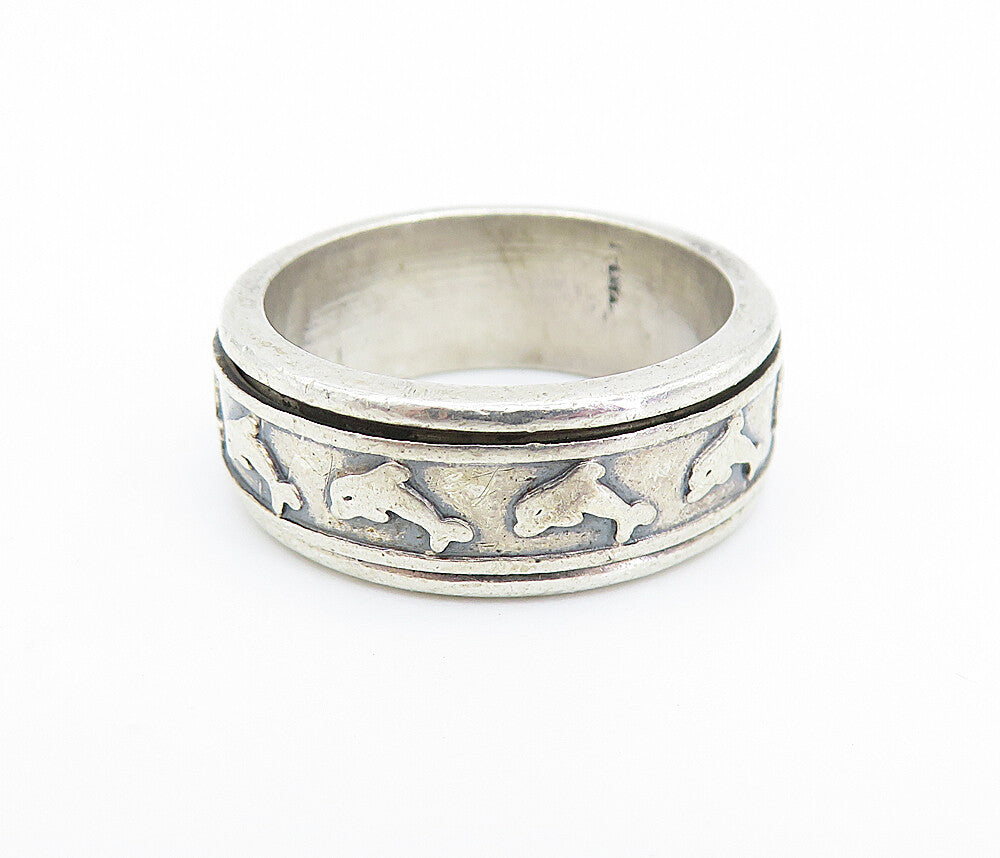925 Sterling Silver  Vintage Dolphin Patterned Band Spinner Ring Sz 8  RG6813