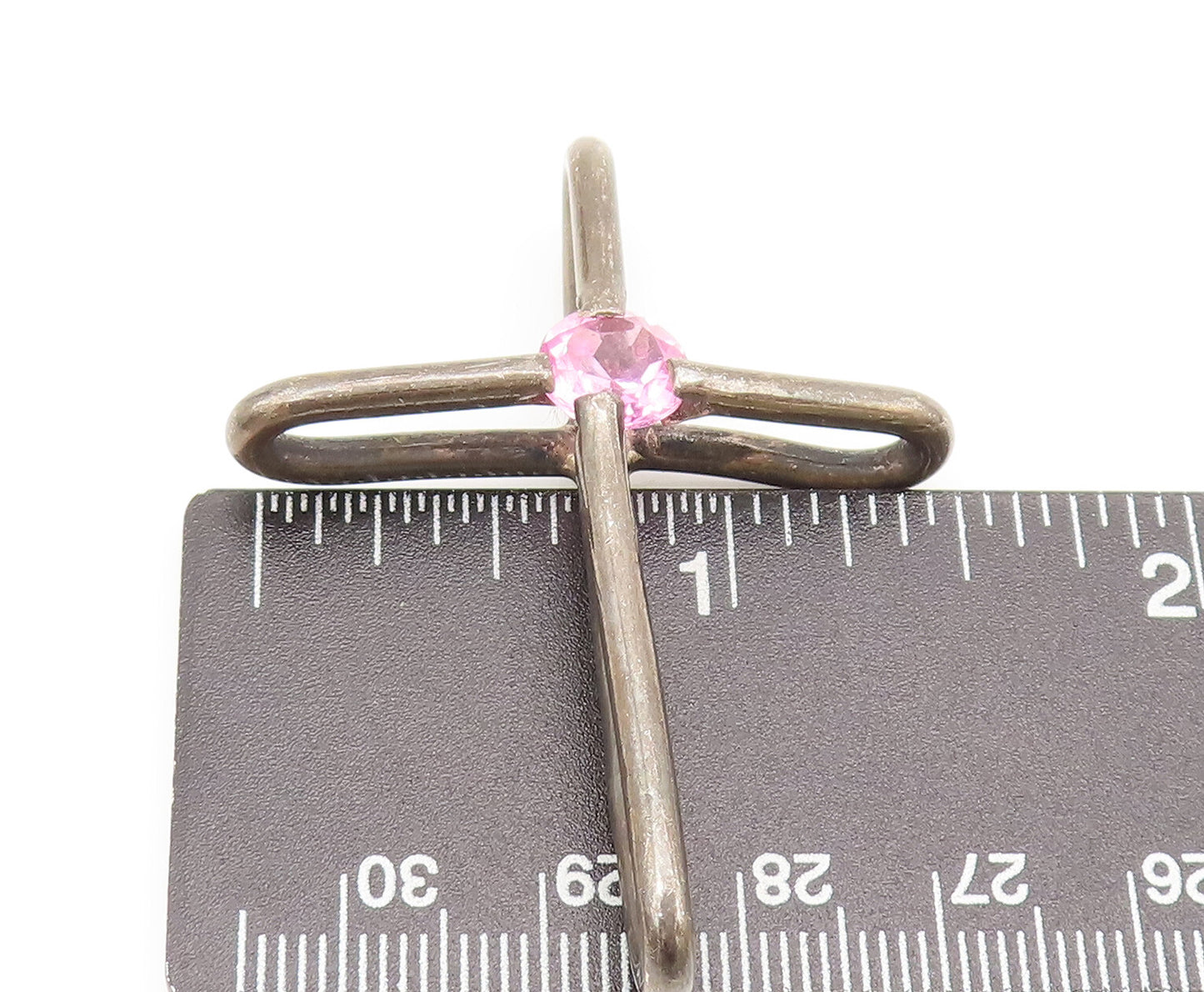 MEXICO 925 Sterling Silver  Vintage Solid Cross With Pink CZ Pendant  PT22303