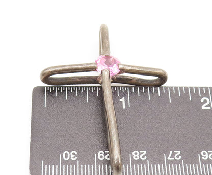 MEXICO 925 Sterling Silver  Vintage Solid Cross With Pink CZ Pendant  PT22303