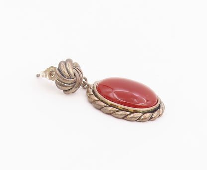 925 Sterling Silver Vintage Earrings Cabochon Carnelian Rope Edge Dangle EG14456